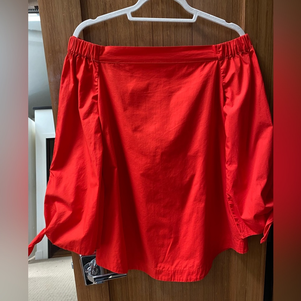 Free People off the shoulder red shirt w/ties at sleeves